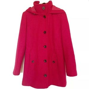 Lands End Red Wool Cinch Waist Hooded Pea Coat Women’s Size 6 Button Front